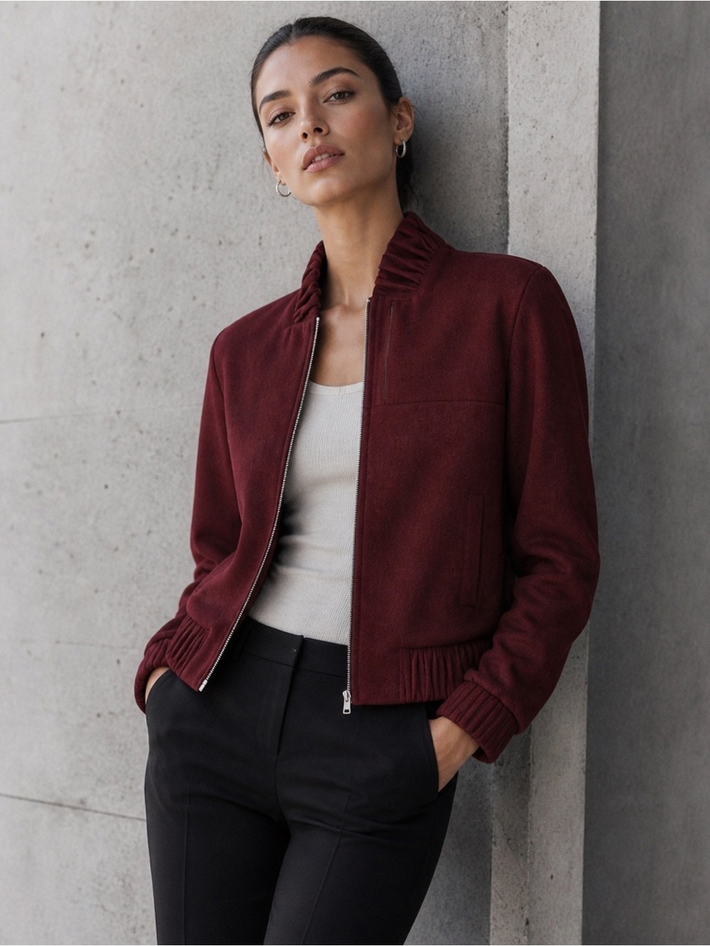 APL Wool Bomber Jacket Burgundy XS Zip Front Minimalist Tailored